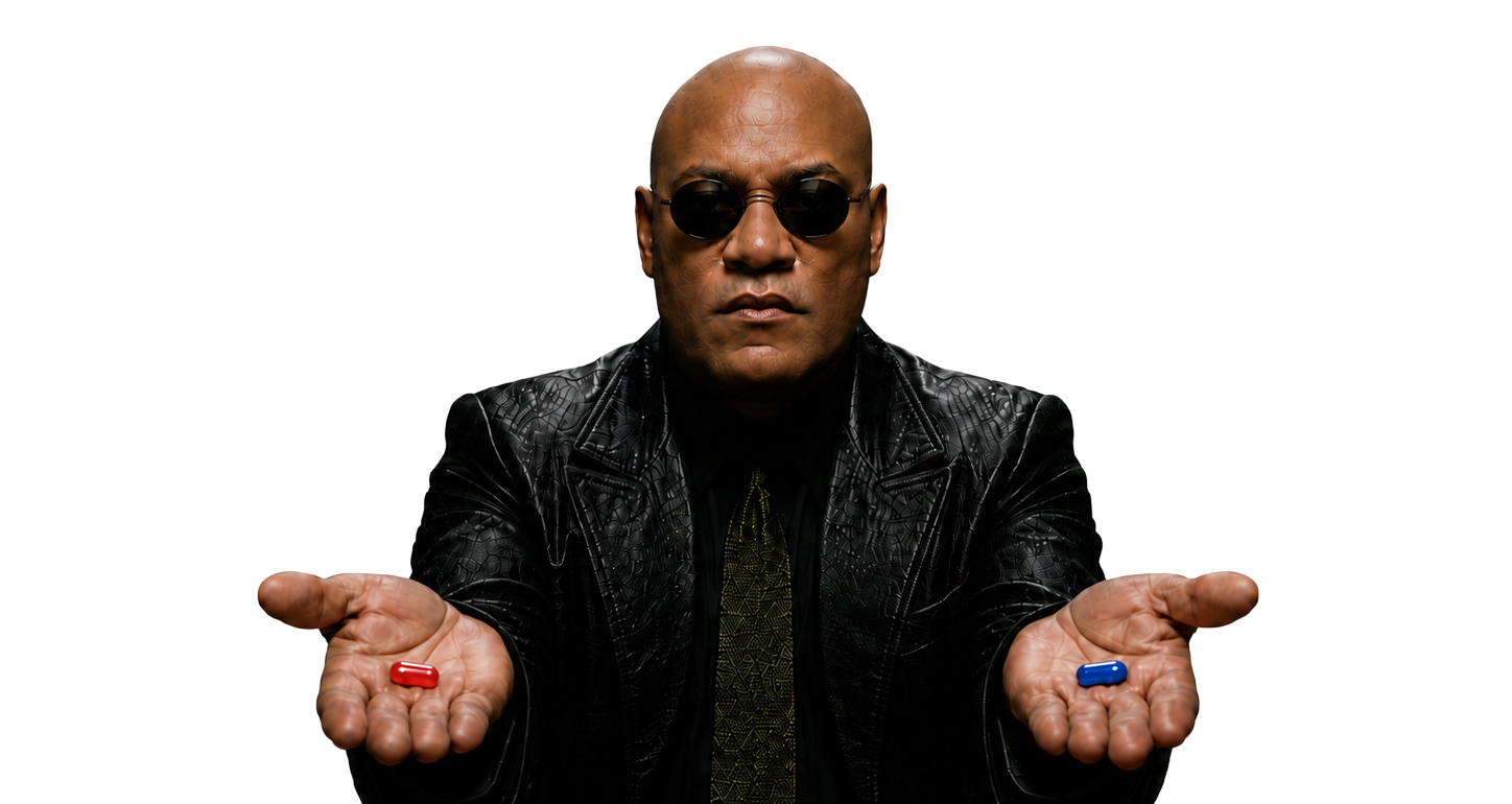 Morpheus offering a choice between the Red and Blue pill